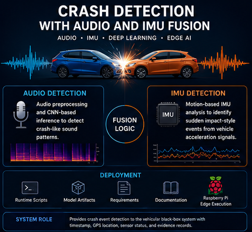 Crash detection pipeline combining audio detection, IMU detection, fusion logic, and Raspberry Pi deployment